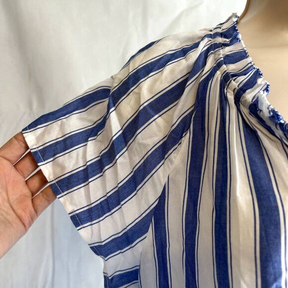 St Johns Bay NWT Blue White Striped Vneck Ruffled Boho Blouse Size Small - Picture 4 of 10